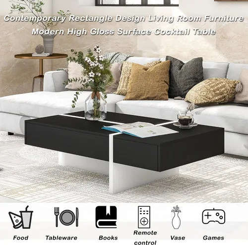Vista 7 de Polibi Mesa auxiliar rectangular de 45 pulgadas de largo con cajón grande, mesa de cóctel moderna de superficie de alto brillo, mesa central