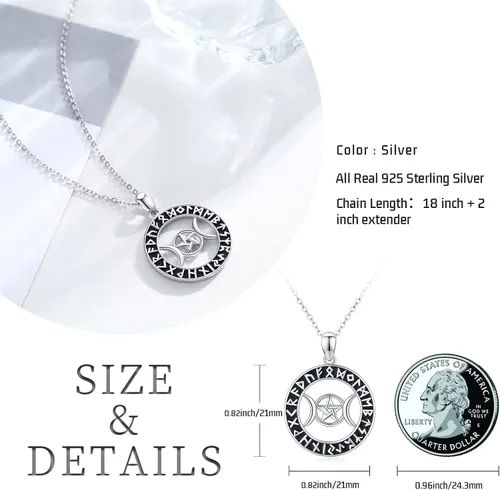 Vista 6 de Coachuhhar Triple Moon Goddess Celtic Necklace for Women 925 Sterling Silver MoonstonePentagramRune Pendant Wiccan Pagan Jewelry Gifts for Girls
