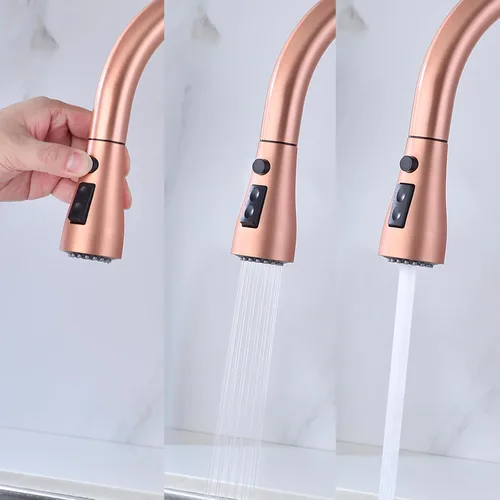 Vista 4 de Delle Rosa Grifo de cocina de cobre y oro rosa, montaje en cubierta, acero inoxidable 304, manija única, configuración de rociado de 3 vías, fácil