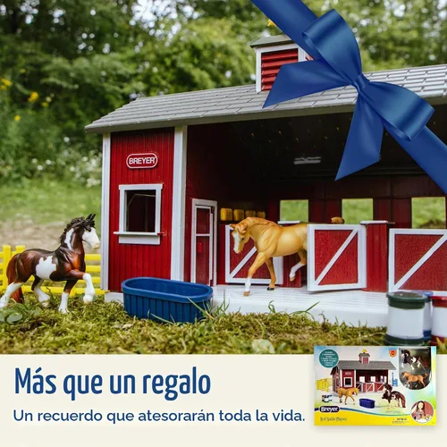 Vista 4 de Breyer Stablemates Juego de Establo Rojo con 2 Caballos – Juguetes Realistas de Caballos para Niñas de 4–8 Años, Juego de Granero con Cercas