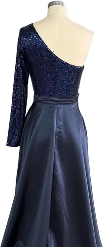 Vista 4 de TIRAS Vestidos de fiesta de un hombro para mujer 2023 con abertura en la manga y lentejuelas vestido formal de satén con cola desmontable CM153