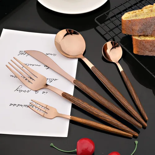 Vista 5 de JASHII Juego de cubiertos con mango de madera, 20 piezas de cubiertos de acero inoxidable, pulido con espejo, juego de cucharas y tenedores