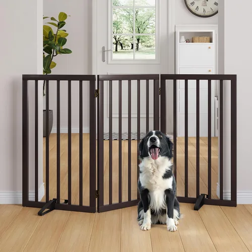 Vista 32 de Semiocthome Puertas de bambú para perros para interiores, puertas independientes de 2 paneles para cachorros para la casa con 2 soportes de metal