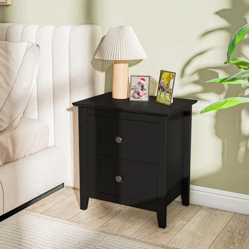 Vista 2 de KOMFOTT Mesita de noche con 2 cajones, mesita de noche de madera, mesa auxiliar moderna para sofá, mesa auxiliar compacta para dormitorio