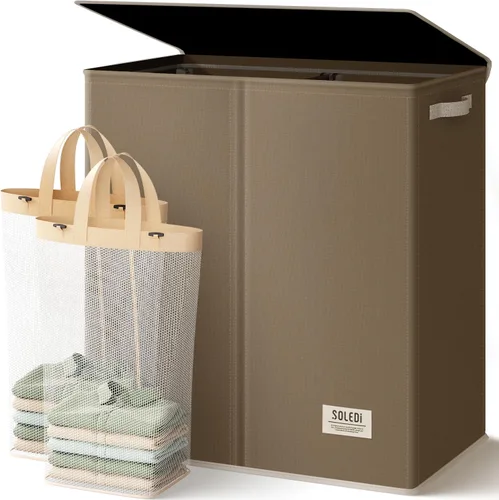 Vista 20 de SOLEDI Cesta de lavandería grande doble con tapa, cesta de ropa plegable de 2 secciones con bolsas extraíbles, cesta de lavandería que ahorra