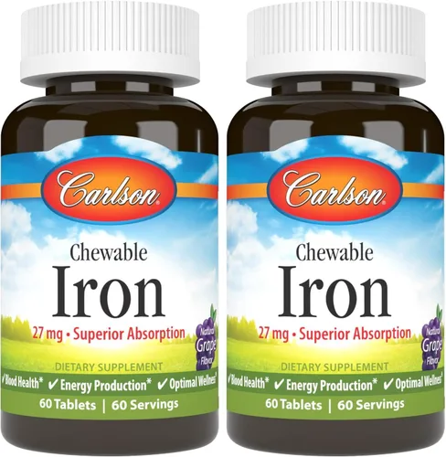 Vista 9 de Carlson Hierro masticable, 27 mg, absorción superior, 30 comprimidos masticables Uva; Producción de energía; Bienestar óptimo
