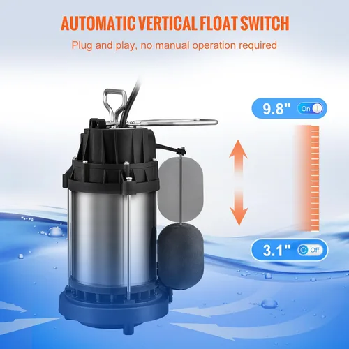 Vista 5 de VEVOR Bomba de sumidero sumergible de 1/2 HP, bomba de sumidero con superficie de acero inoxidable, cable de alimentación de 10 pies, descarga NPT