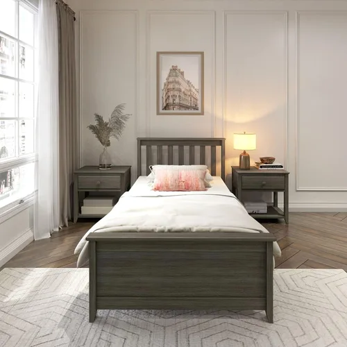 Vista 3 de Plank+Beam - Estructura de cama individual de madera maciza, cama de plataforma con cabecero, arcilla