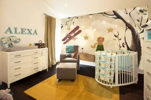 Vista 2 de Murwall Kids Wallpaper Nursery Little Prince Wall Mural Nostalgic Aircraft Wall Print Childroom Boys Girls Bedrooom Watercolor Tree Wall Art