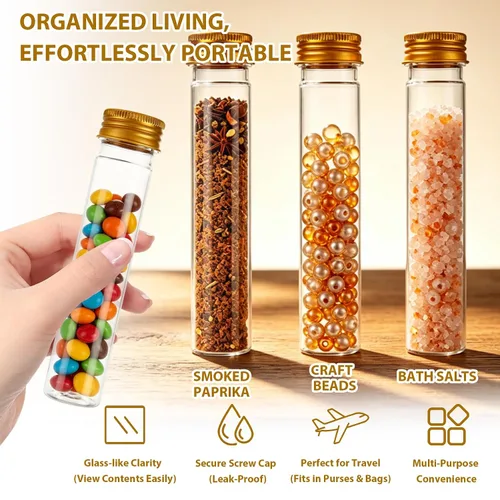 Vista 5 de 50 tubos de ensayo de plástico con tapas, juego de tubos de ensayo transparentes, recipientes de sal de baño de fondo plano PET de 2.2 onzas