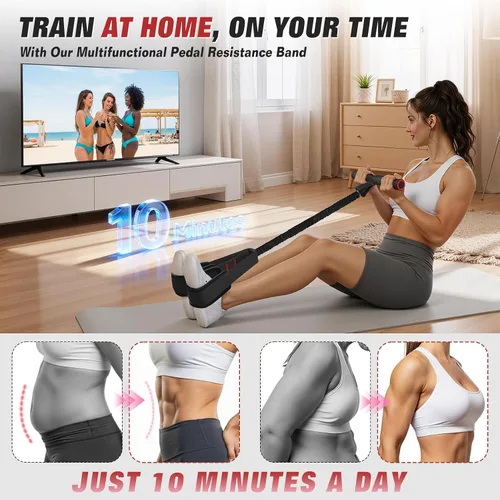Vista 2 de Banda de resistencia mejorada de pedal con asas, bandas de resistencia para pedal de pie para mujeres, entrenamiento de piernas y abdominales