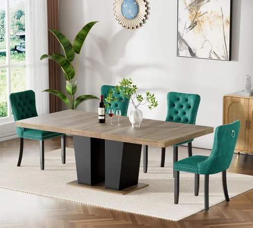 Vista 16 de Juego de mesa de comedor extensible de 63 a 79 pulgadas para 4, moderna mesa de cocina expandible con 4 sillas de terciopelo, mesa de madera gruesa