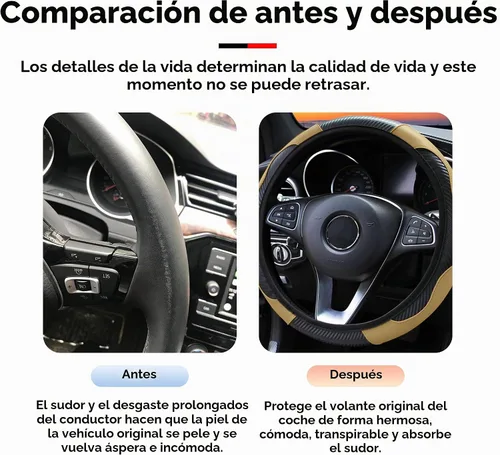Vista 3 de Funda de volante de coche, 38 cm, de fibra de carbono, de microfibra, de PU, de cuero elástico, protector de volante antideslizante y transpirable