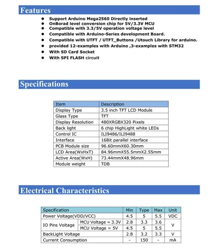 Vista 3 de HiLetgo 3.5 "Pantalla LCD TFT ILI9486/ILI9488 480x320 36 pines para Arduino Mega2560