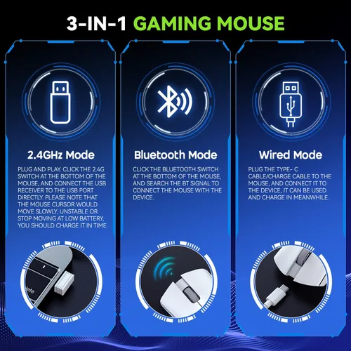 Vista 3 de Ratón para juegos, mouse inalámbrico para computadora portátil con 5 DPI ajustables, ligero, Bluetooth, 6 botones programados, mouse óptico