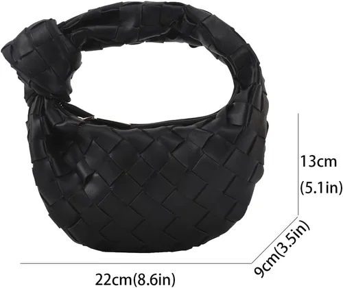 Vista 2 de Bolso tejido de piel sintética suave para mujer, hecho a mano, bolso de hombro tejido, con nudos, casual, para el verano, Negro