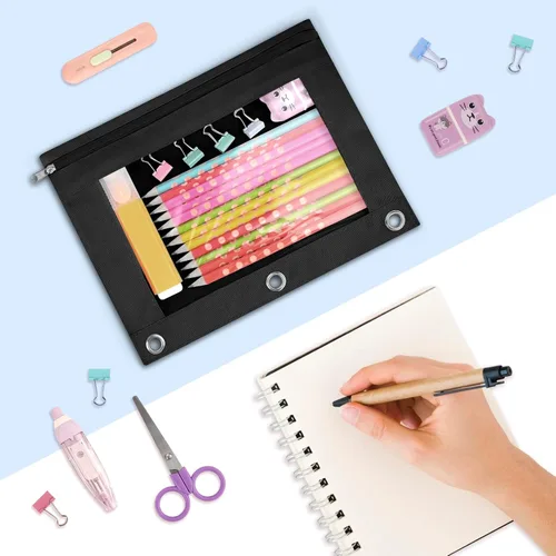 Vista 7 de Sooez Estuche para lápices para carpeta de 3 aros, paquete de 2 estuches para lápices con ventana transparente, bolsas para lápices con cremallera