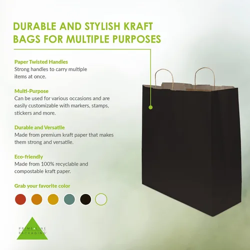 Vista 2 de Prime Line Packaging Bolsas de regalo negras, bolsas de regalo de papel kraft con asas para pequeñas empresas, bolsas de compras extra grandes