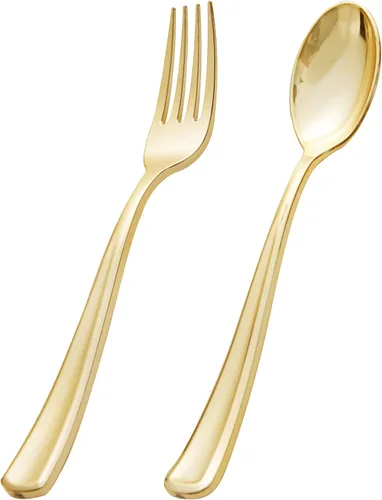 Vista 12 de BUCLA 200 Piezas Cubiertos de Plástico Dorado – Tenedores y Cucharas de Plástico Dorado Estilo Barroco – 100 Tenedores y 100 Cucharas para Bodas Oro
