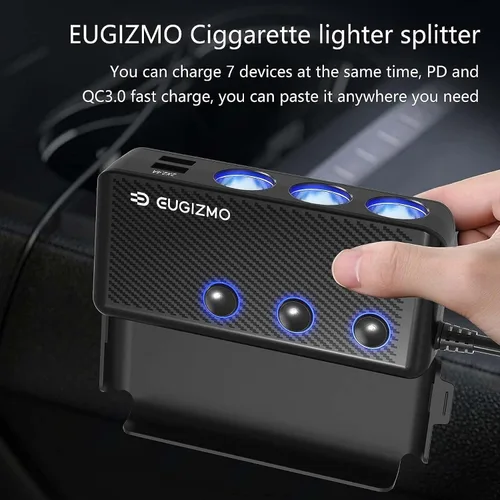 Vista 4 de Eugizmo - Divisor de encendedor de cigarrillos 7 en 1, adaptador de cargador de coche de 3 zócalos 200 W 12V/24V Plug Extension Cord PD 30W USB