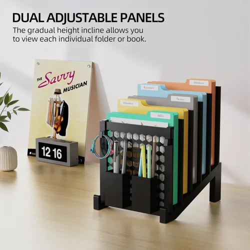 Vista 7 de Organizador de archivos para escritorio con caja de almacenamiento y gancho, organizador de archivos de escritorio inclinado con soporte vertical