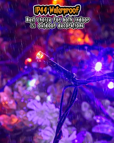 Vista 3 de Luces de Halloween moradas y naranjas de 66 pies para exteriores, 200 luces LED de Halloween con 8 modos, enchufable naranja morado colgante