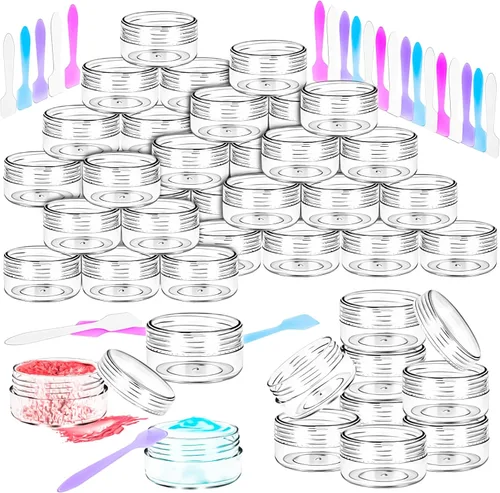 Vista 9 de Paquete de 50 de 10 g pequeños contenedores de cosméticos de plástico con tapas, frascos de maquillaje de 10 gramos de color ámbar con espátulas