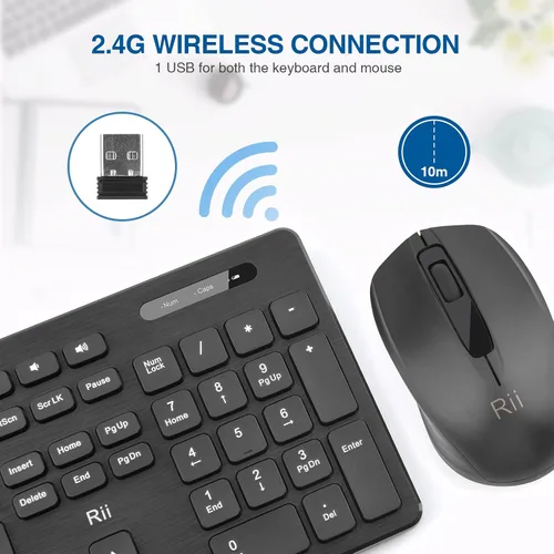 Vista 2 de Combo de teclado y mouse inalámbricos: teclado estándar Rii para PC de oficina y ratones inalámbricos ópticos (negro)