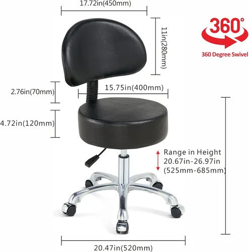 Vista 3 de Silla redonda con respaldo, acolchado grueso y resistente, taburete giratorio con ruedas, taburete ajustable con ruedas (con respaldo, negro)
