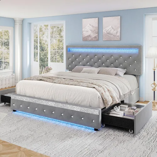 Vista 9 de Torana Marco de cama LED completo con cabecero y cajones ajustables, terciopelo crema Beige