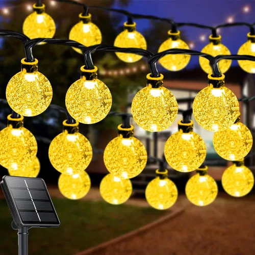 Vista 16 de LORRYTE Tira de luces solares para exteriores, 50 luces LED de 32 pies, impermeables, con energía solar, luces de globo de cristal para exteriores