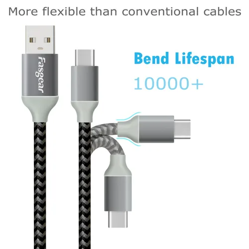 Vista 2 de Fasgear Cables USB C a USB A de 10 pies, paquete de 2, negro, blanco Carga rápida 3A, tipo C 2.0, trenzada, compatible con Galaxy S21 Plus Note 10