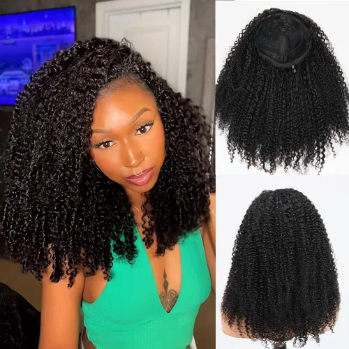 Vista 7 de Miss Lee - Peluca de media peluca rizada de 200% de densidade 3 en 1 de cabello humano sin pegamento para mujeres, con cordón de ajuste, sin