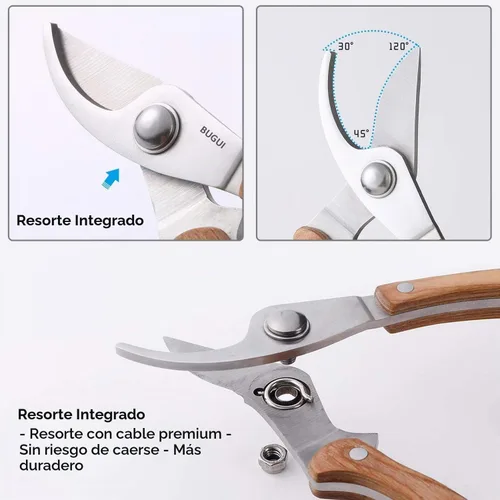 Vista 3 de BUGUI Tijeras de jardín con mango de madera de 8 pulgadas, juego de 2, incluye tijeras de podar de derivación y cortaúñas de punta recta larga