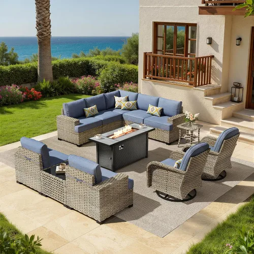 Vista 37 de HOOOWOOO Juego de muebles seccionales de patio con mesa de luz solar, 6 piezas de mimbre para exteriores, sofá en forma de L, juego de conversación