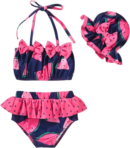 Vista 11 de Aalizzwell Conjunto de bikini de 3 piezas para niñas pequeñas con sombrero Bandera estadounidense
