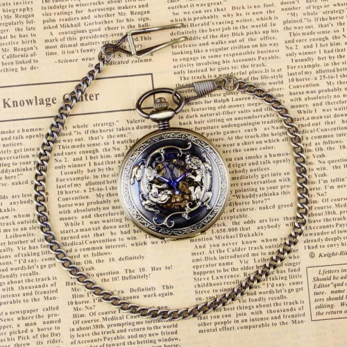 Vista 8 de Bronze Retro Mechanical Pocket Watch Skeleton Roman Numerals Hollow Mechanical Pocket Watches with Box M100