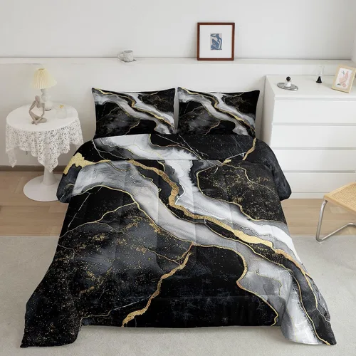 Vista 16 de Feelyou Juego de edredón abstracto para todas las estaciones, juego de ropa de cama negro y azul con 1 funda de almohada con estampado de mármol