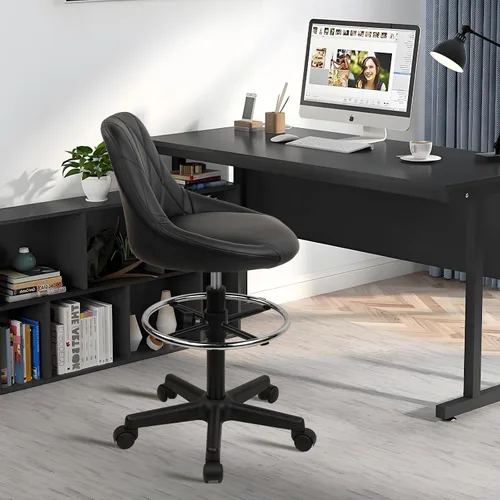 Vista 2 de KLASIKA Silla de dibujo con respaldo, taburete giratorio de cuero sintético ajustable en altura con anillo para el pie, silla de oficina ergonómica