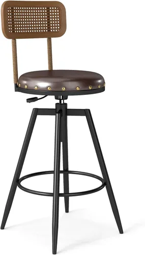 Vista 8 de Taburete de bar giratorio ajustable de 42 pulgadas con respaldo, taburetes rústicos de altura de bar, silla de bar de 360 grados para comedor, isla