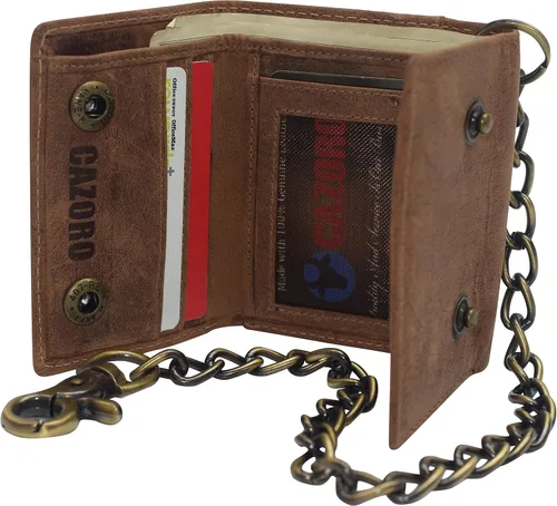Vista 4 de Billetera de cuero vintage con bloqueo RFID para hombre, con cierre a presión, Beige Bronceado, Cartera Biker