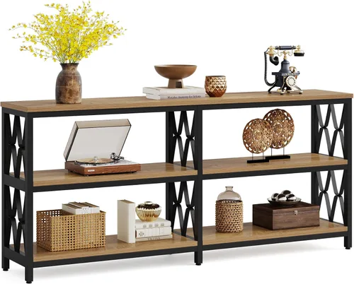 Vista 10 de LITTLE TREE Mesa consola con estantes de almacenamiento, mesa industrial de 3 niveles de 70.9 pulgadas para sala de estar, mesa larga de vestíbulo