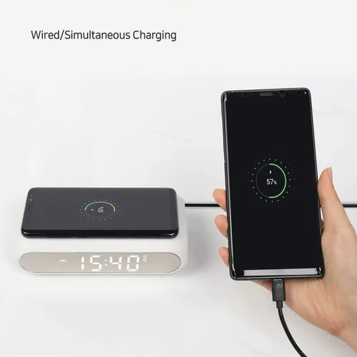 Vista 3 de Mooas Qi Wireless Charging Slim Mirror Desk Clock (blanco), compacto reloj despertador digital con puerto USB, cargador inalámbrico para iPhone
