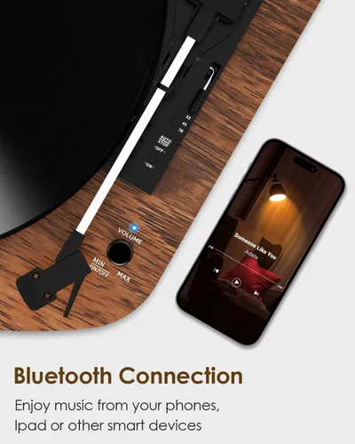 Vista 4 de Reproductor de discos de vinilo con altavoces estéreo duales, tocadiscos de transmisión por correa con entrada Bluetooth, reproducción de 3