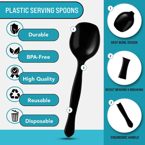 Vista 2 de Cucharas de plástico negro de 8.5 pulgadas para bufé, 36 unidades a granel, cuchara desechable resistente, utensilios de plástico grandes