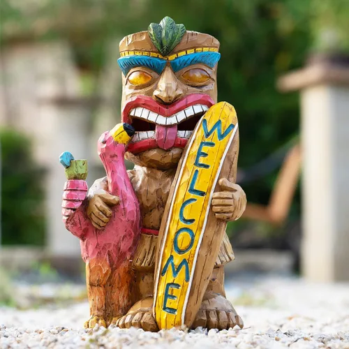 Vista 11 de Estatua de Tiki para exteriores con decoración de tortuga, figura de jardín con energía solar, arte Tiki para Tiki bar, patio trasero, jardín