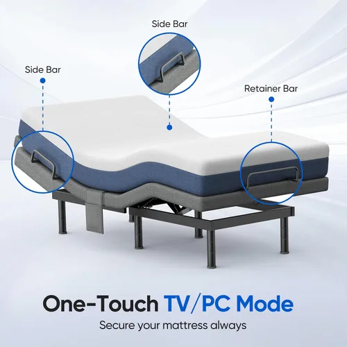 Vista 4 de Base de cama ajustable individual XL con masaje, base de cama eléctrica con patas ajustables, puertos USB, control remoto inalámbrico, gravedad cero