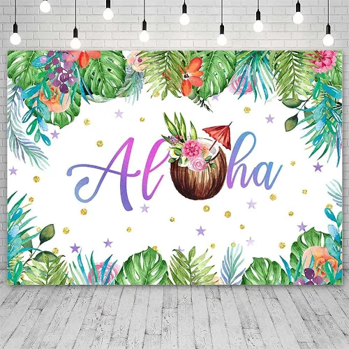 Vista 2 de Decoraciones de fiesta hawaiana de verano de 7 x 5 pies, telón de fondo Aloha para playa, palmera tropical, hojas verdes de coco, fondo