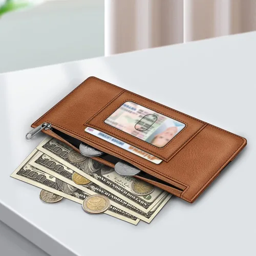 Vista 2 de FINTIE Cartera Delgada Porta Tarjetas de Crédito Monedero, Estuches para Tarjetas de Negocios con Bloqueo RFID y Bolsillo con Cremallera