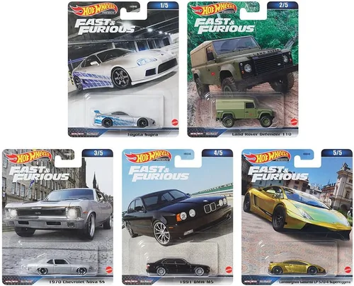 Vista 4 de Hot Wheels Fast & Furious Premium - Paquete de 5 unidades 2023 (HNW46‑956D) Toyota Supra, Land Rover Defender, Chevy Nova SS, BMW M5 y Lamborghini